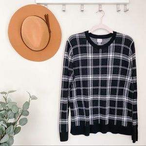 Black and White Plaid Split Hem Sweater